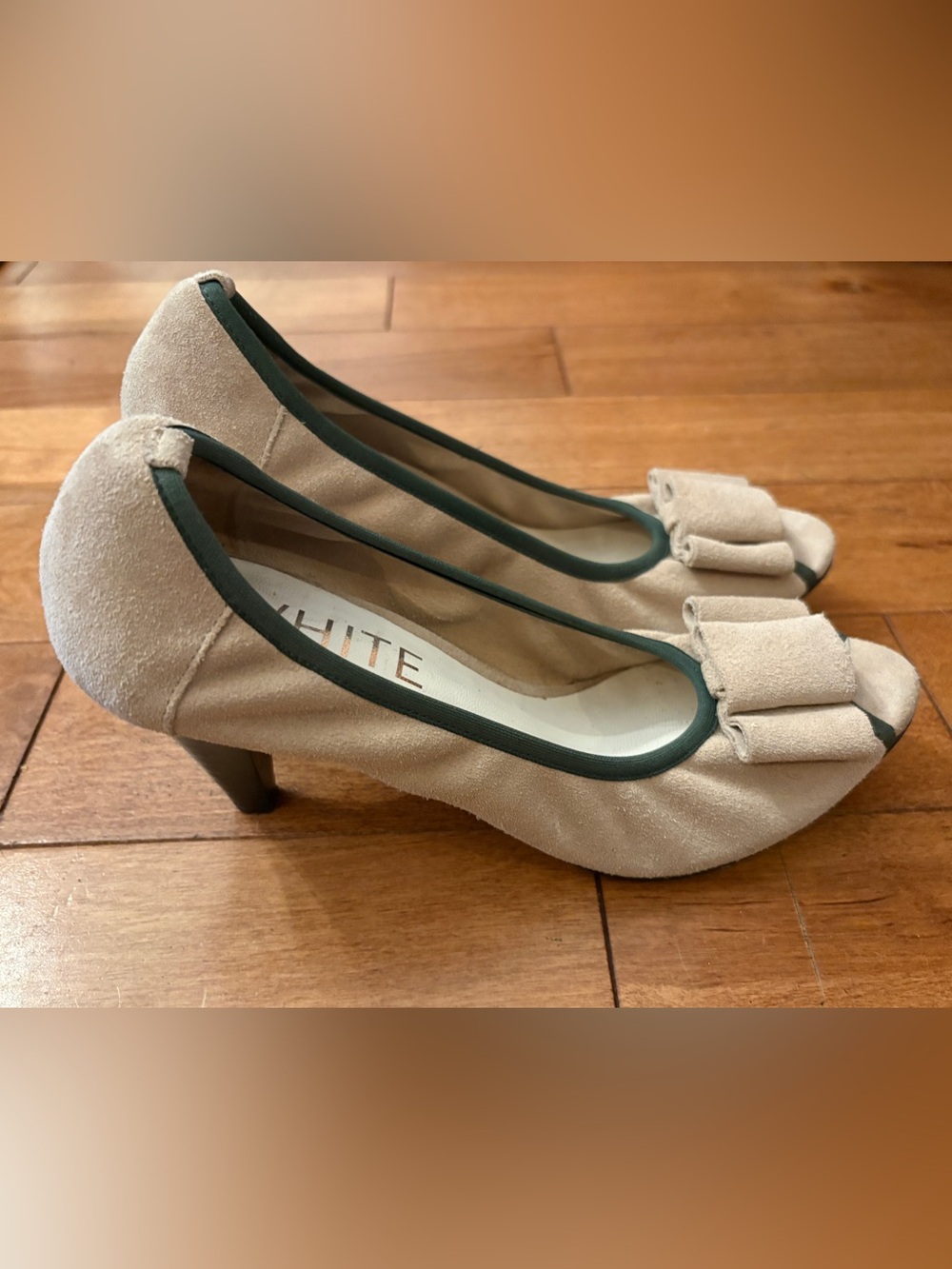 Ron White Beige Suede Pumps with Dark Green Trim